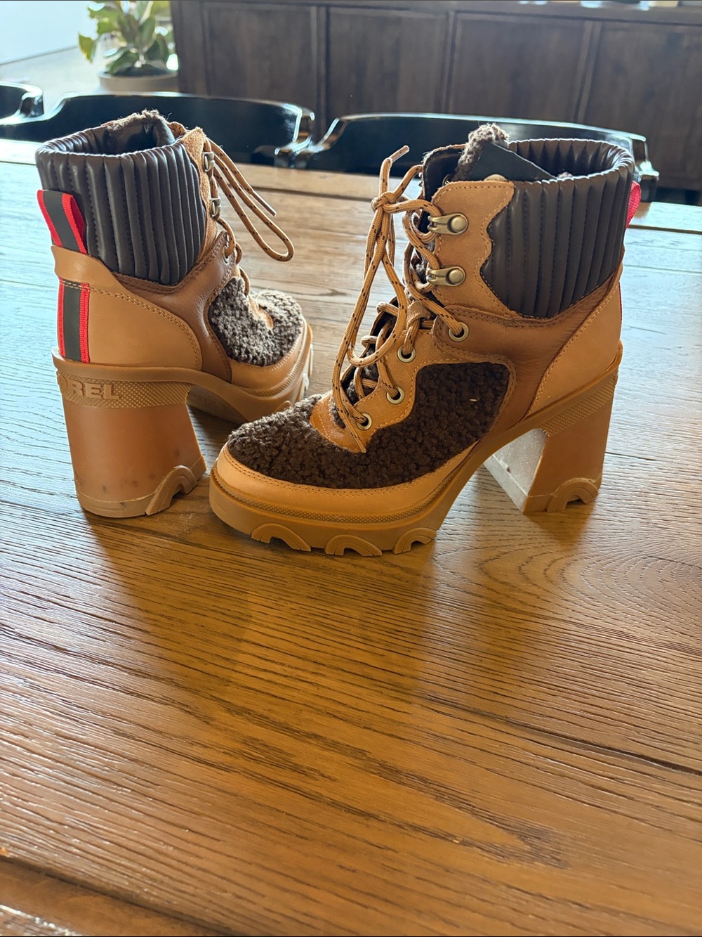Sorel Tan and Dark Brown Shearling Lace-Up Block Heel Boots